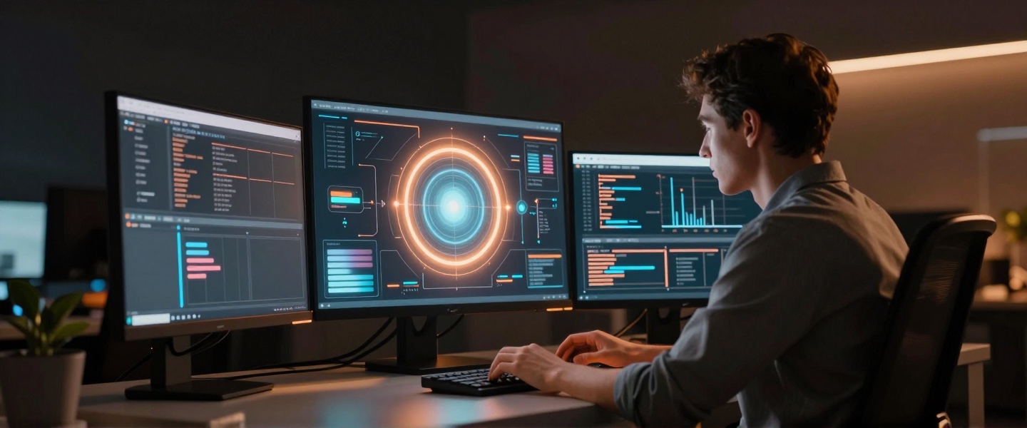 Entwickler arbeitet mit glühender AI-Schnittstelle in dunklem, professionellem Workspace